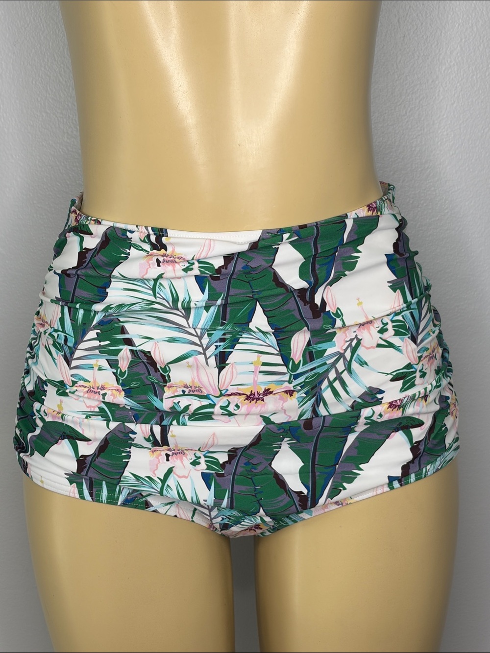 Cocoship High-Waist Tropical Floral Swim Bottoms - White & Green Size 8